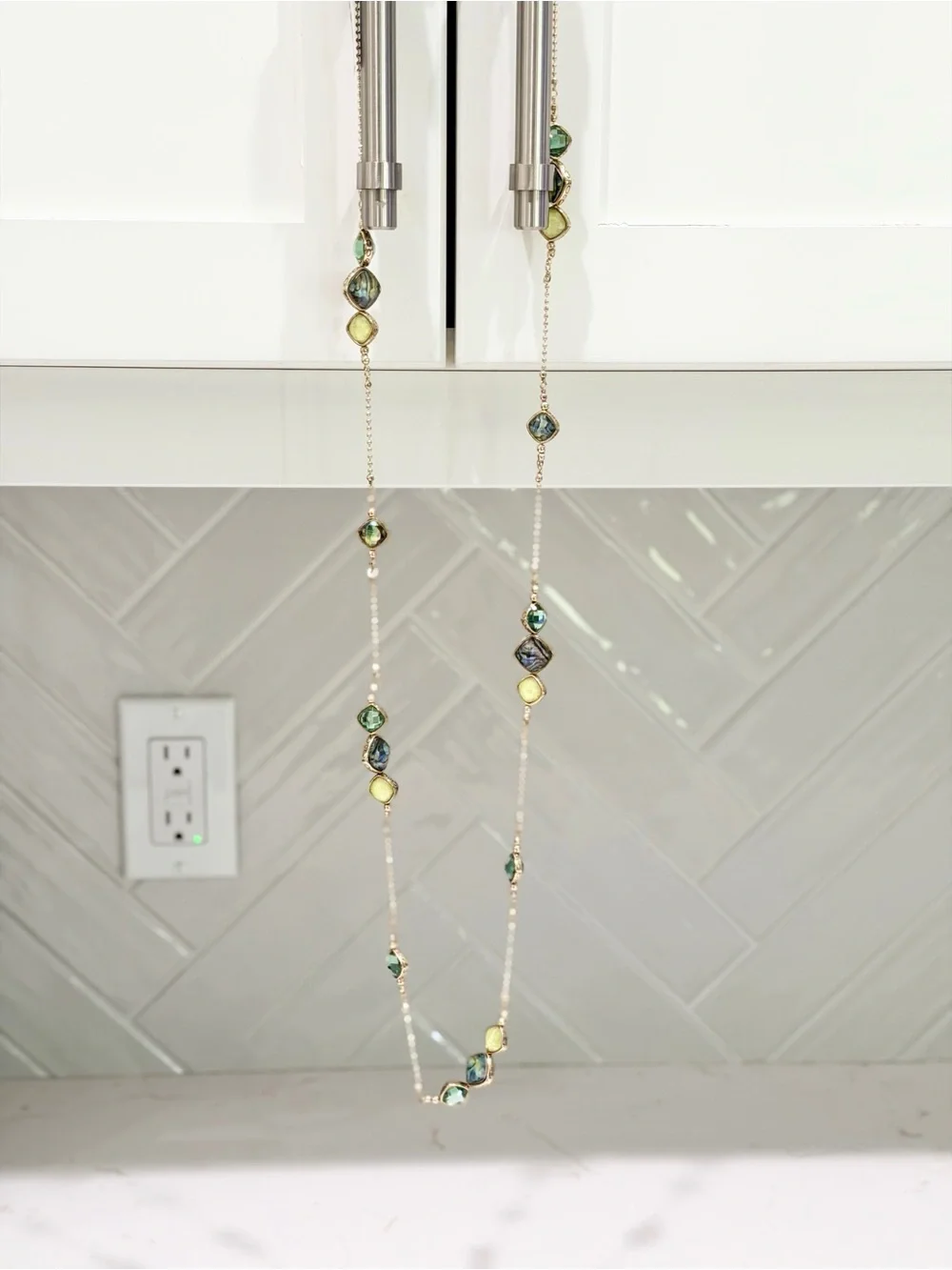 Elegant Beaded Long Necklace in Green, Blue, and Gold